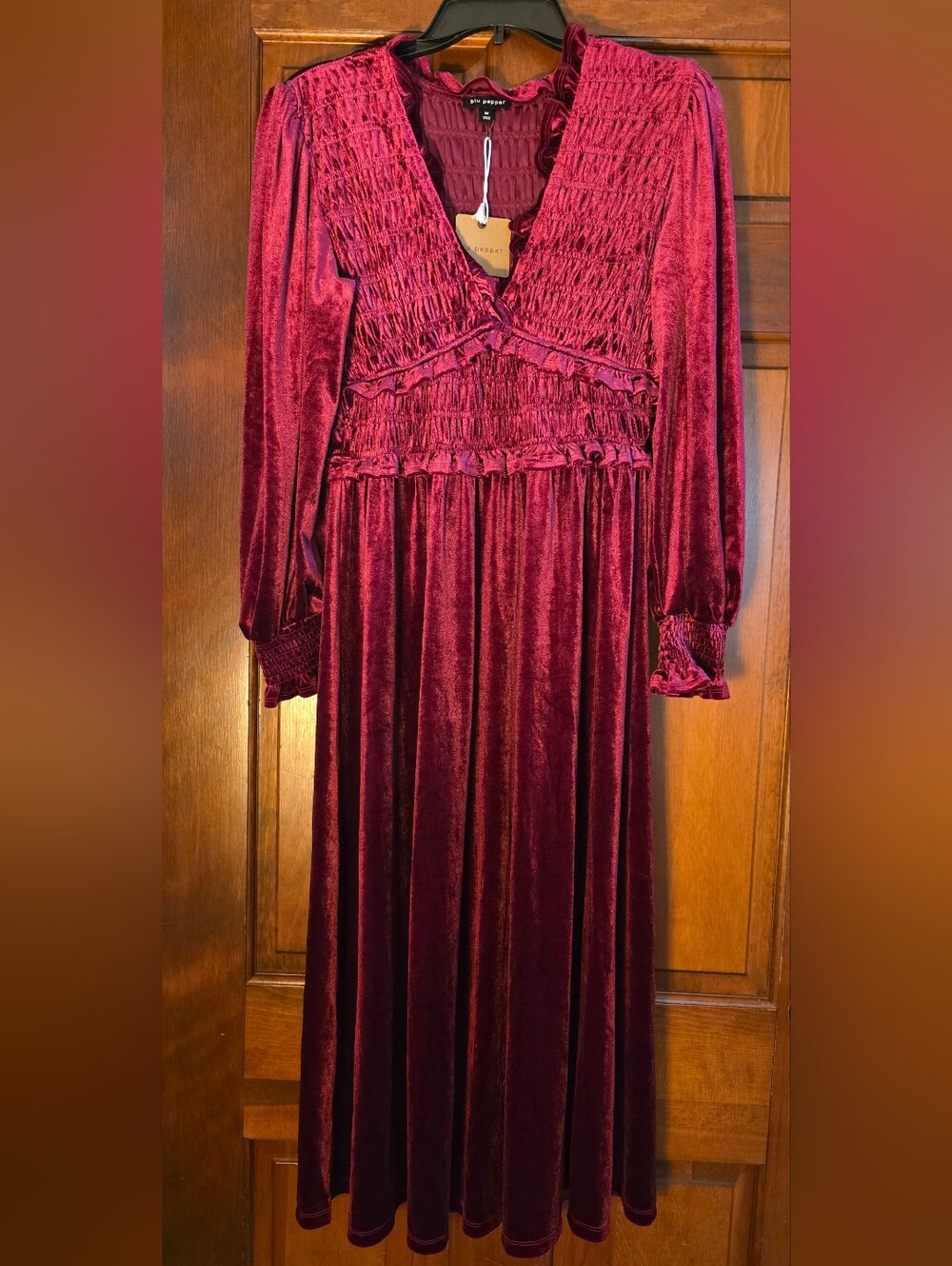 Women's Velvet Smocked Bodice Maxi Dress - Deep Wine Red
